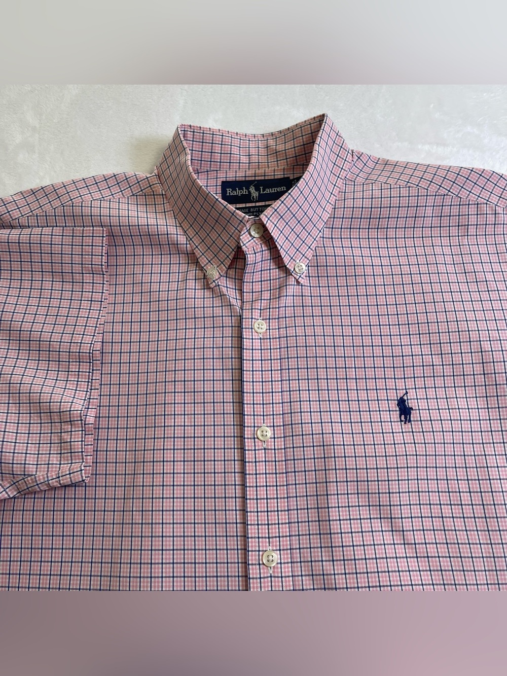 Vintage Ralph Lauren Mens Large Pink Navy Grid Plaid Short Sleeve Shirt